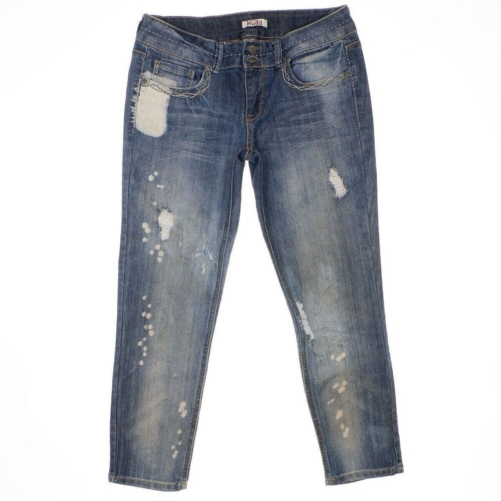 Mudd Jeans Juniors Size 11 Capri Distressed Splatter Dirty Wash Measures 30x24.5